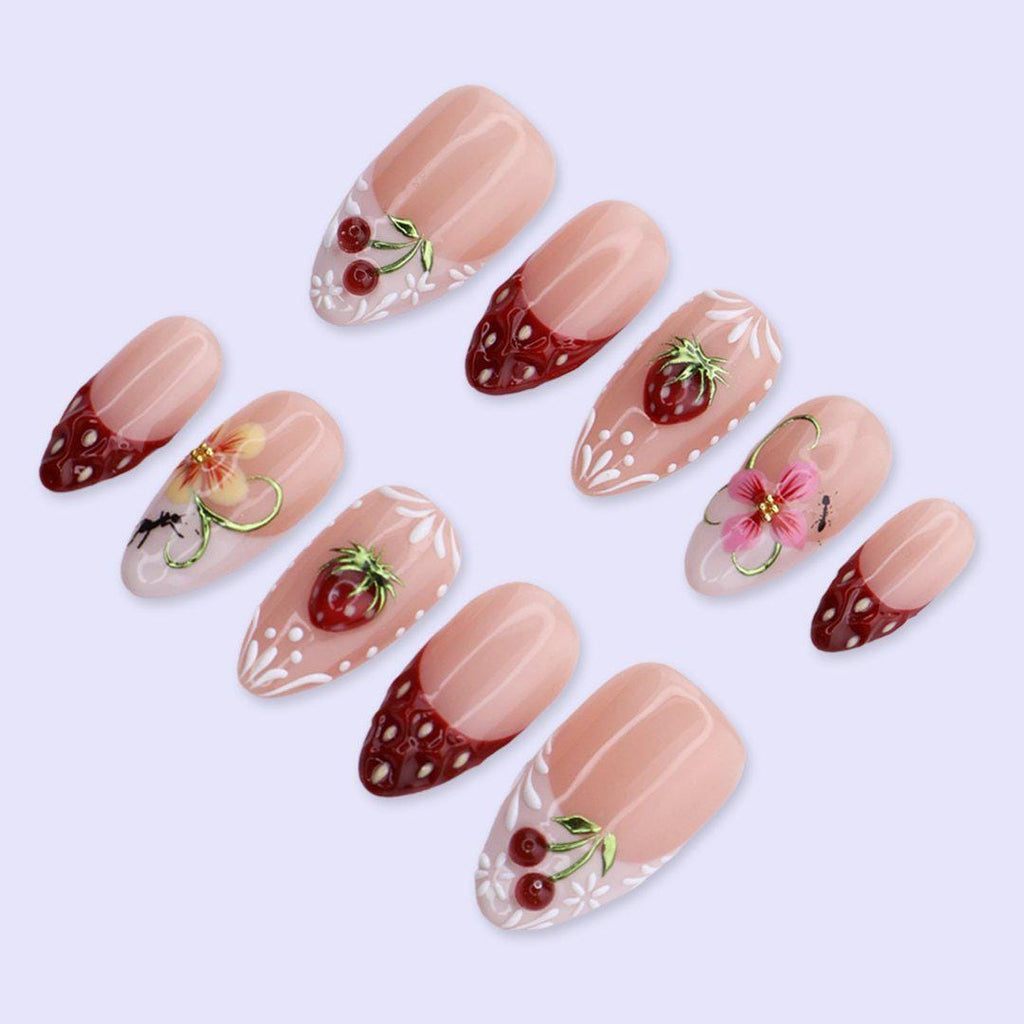 Strawberry Press On Nails with Cherry & Floral Art | Medium Almond Fake Nails | Handmade Nail Art For Picnic, Vacation, Everyday Wear