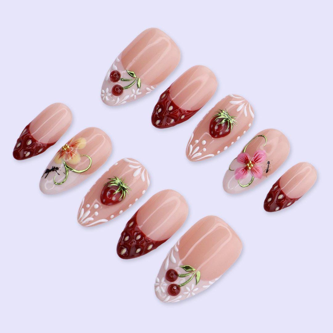 Strawberry Press On Nails with Cherry & Floral Art | Medium Almond Fake Nails | Handmade Nail Art For Picnic, Vacation, Everyday Wear