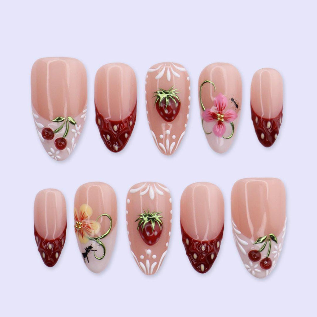 Strawberry Press On Nails with Cherry & Floral Art | Medium Almond Fake Nails | Handmade Nail Art For Picnic, Vacation, Everyday Wear