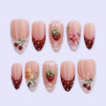Strawberry Press On Nails with Cherry & Floral Art | Medium Almond Fake Nails | Handmade Nail Art For Picnic, Vacation, Everyday Wear