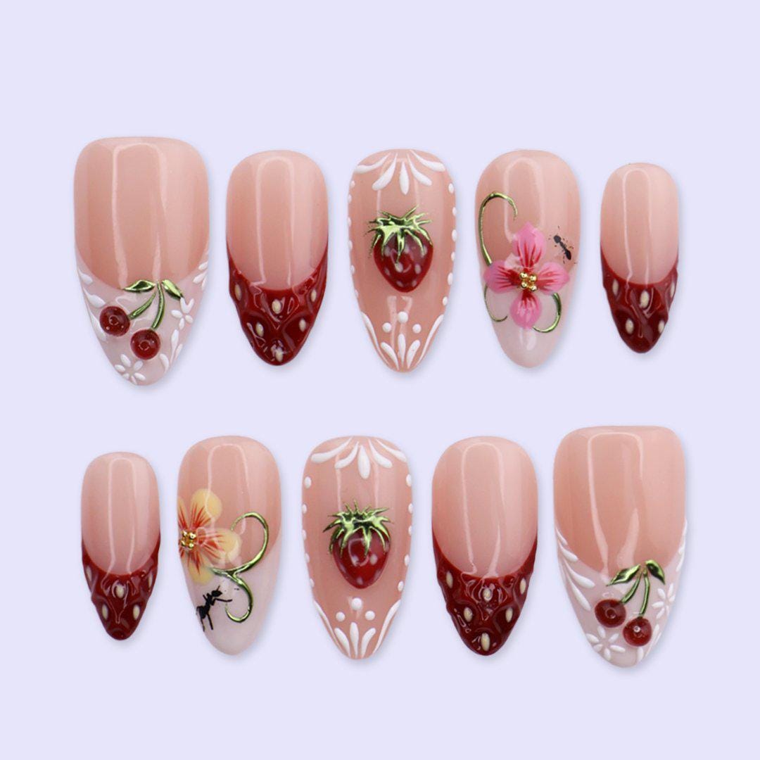 Strawberry Press On Nails with Cherry & Floral Art | Medium Almond Fake Nails | Handmade Nail Art For Picnic, Vacation, Everyday Wear