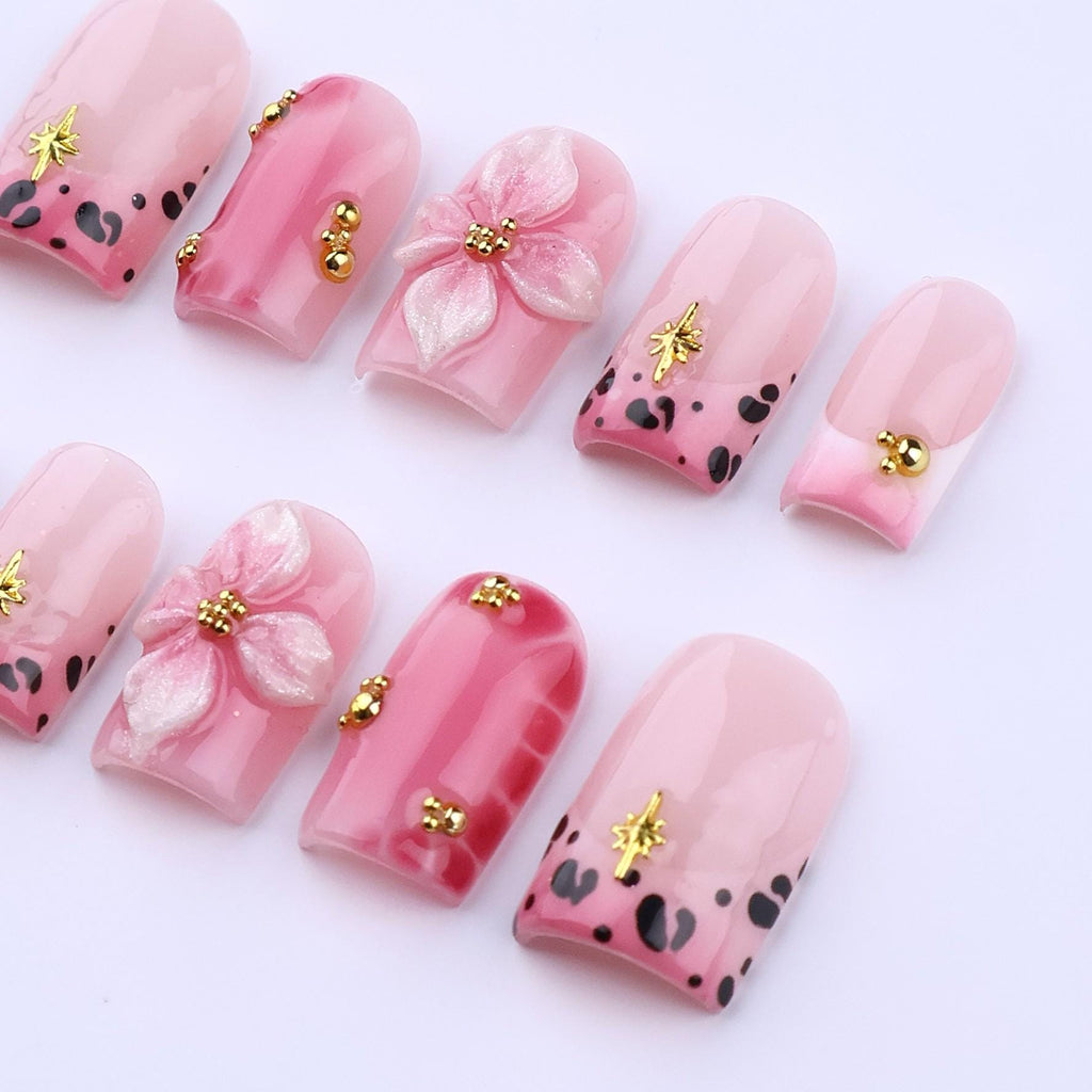 Spring Pink Leopard Press On Nails with 3D Flower & Gold Star Charms | Short Square Handmade Fake Nails Set for Birthday, Vacation, Party