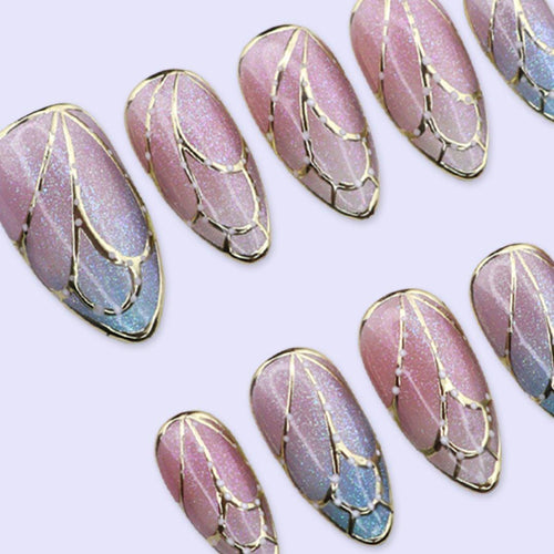 Butterfly Wing Cat Eye Press On Nails in Pink & Blue |Medium Almond Handmade Fake Nails | Elegant Shimmer Nail Art for Wedding, Party