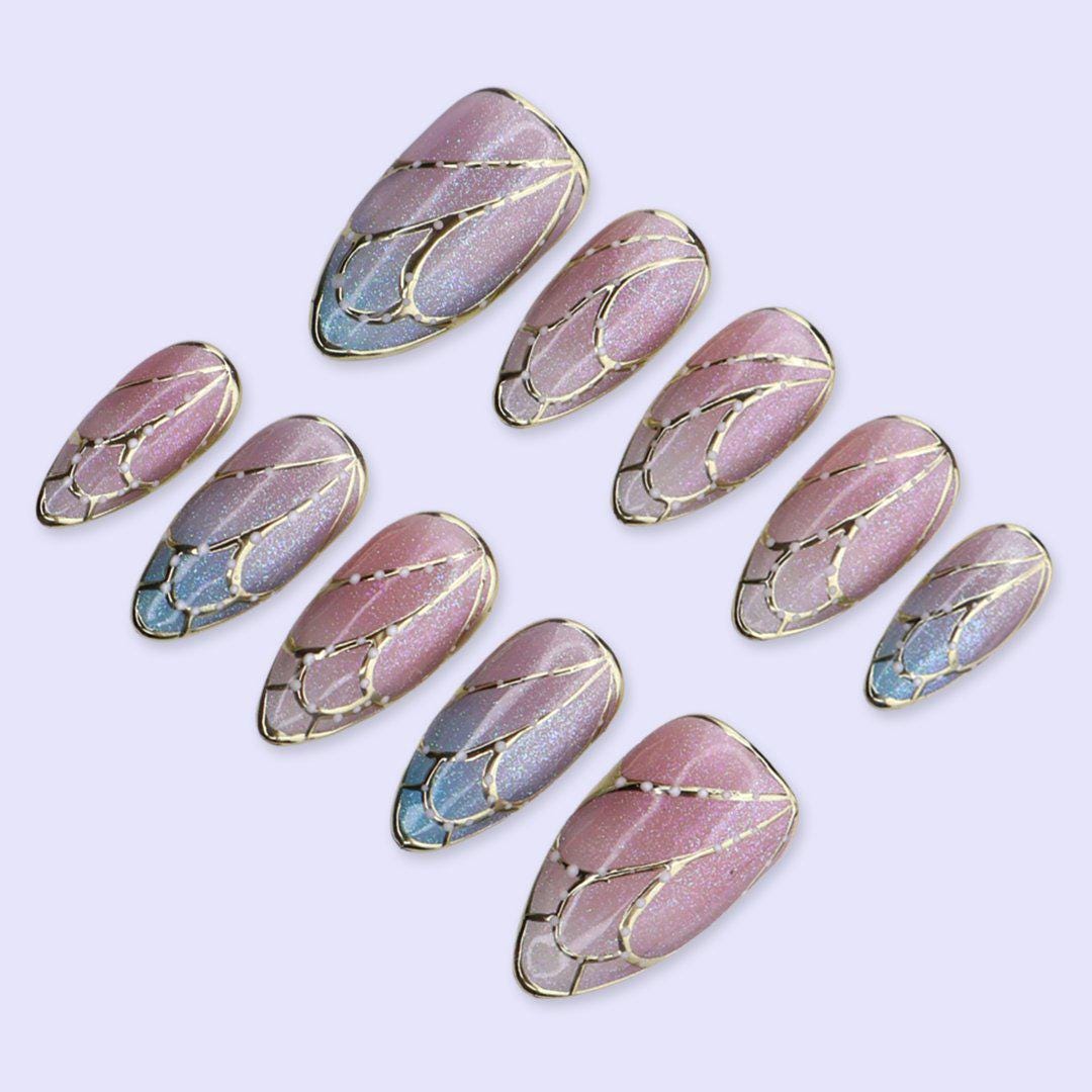 Butterfly Wing Cat Eye Press On Nails in Pink & Blue |Medium Almond Handmade Fake Nails | Elegant Shimmer Nail Art for Wedding, Party