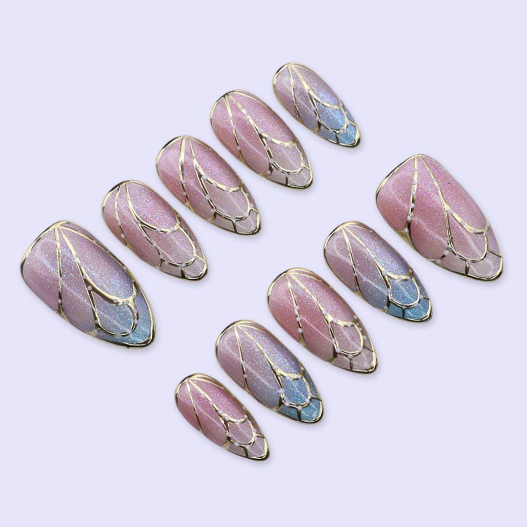 Butterfly Wing Cat Eye Press On Nails in Pink & Blue |Medium Almond Handmade Fake Nails | Elegant Shimmer Nail Art for Wedding, Party