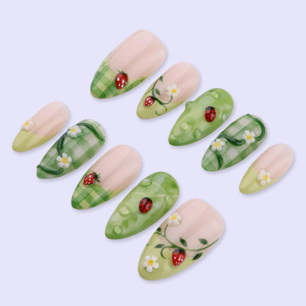 Spring Ladybug Press On Nails with Green Plaid & Daisy | Medium Almond Handmade Fake Nails | Garden Inspired Nail Art for Picnic, Vacation