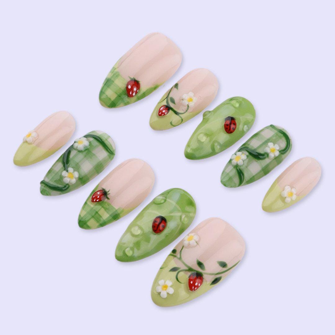 Spring Ladybug Press On Nails with Green Plaid & Daisy | Medium Almond Handmade Fake Nails | Garden Inspired Nail Art for Picnic, Vacation