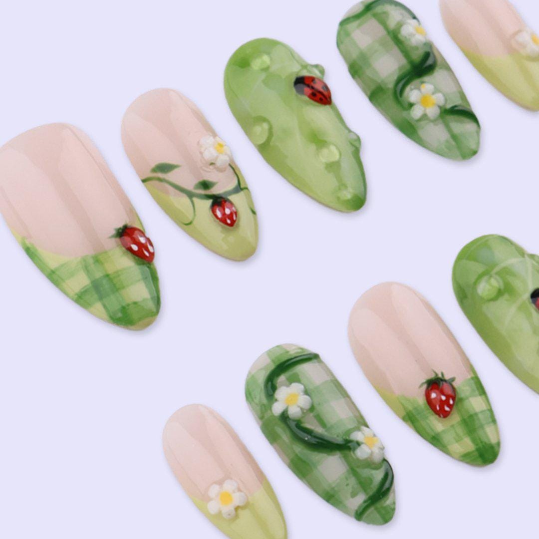 Spring Ladybug Press On Nails with Green Plaid & Daisy | Medium Almond Handmade Fake Nails | Garden Inspired Nail Art for Picnic, Vacation