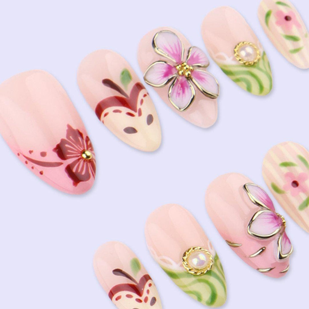 Spring Floral Press On Nails with 3D Flower & Petals | Medium Almond Handmade Fake Nails | Elegant Garden Nail Art for Wedding, Vacation