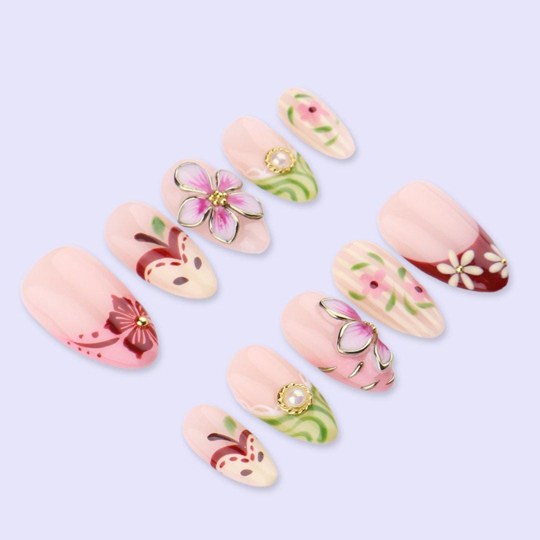 Spring Floral Press On Nails with 3D Flower & Petals | Medium Almond Handmade Fake Nails | Elegant Garden Nail Art for Wedding, Vacation