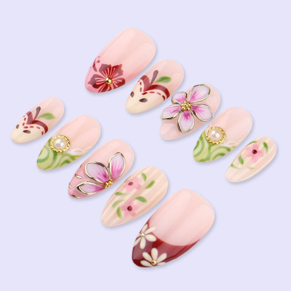 Spring Floral Press On Nails with 3D Flower & Petals | Medium Almond Handmade Fake Nails | Elegant Garden Nail Art for Wedding, Vacation
