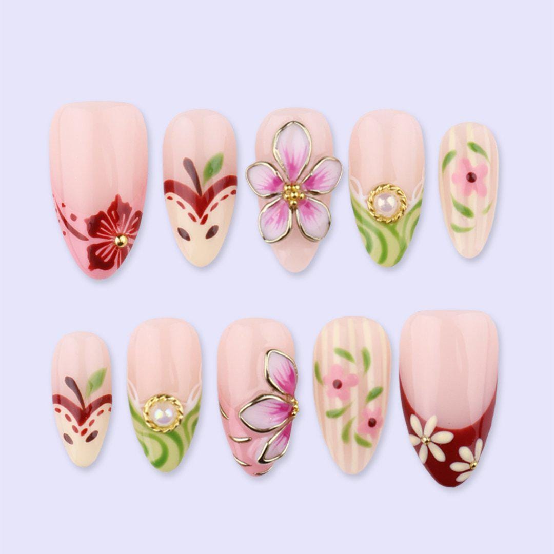 Spring Floral Press On Nails with 3D Flower & Petals | Medium Almond Handmade Fake Nails | Elegant Garden Nail Art for Wedding, Vacation
