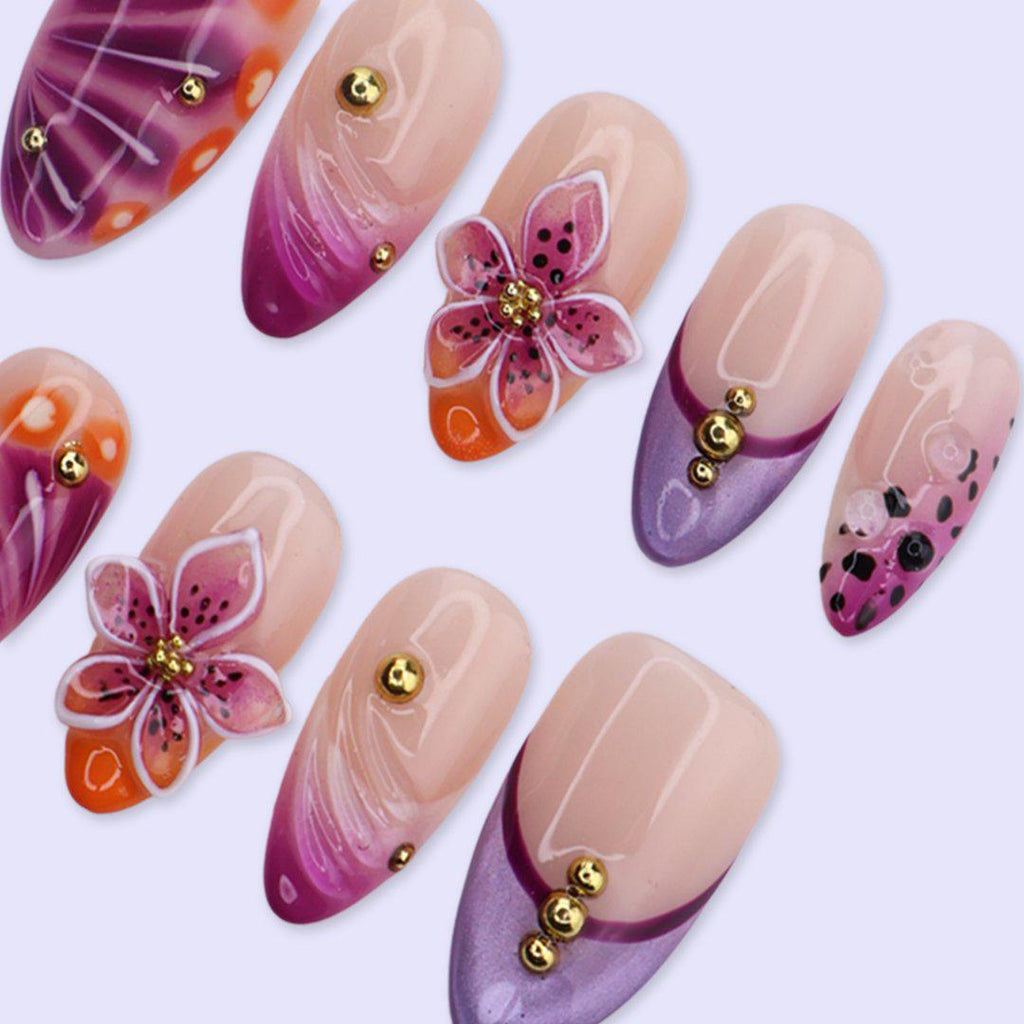 Purple Orange Press On Nails with 3D Flower & Aura Swirl | Medium Almond Fake Nails | Handmade Nails Art for Vacation, Party, Spring