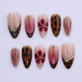 Burgundy Tortoiseshell Press On Nails with Floral Bloom & Gold Star | Medium Almond Fake Nails | Handmade Nails Art for Fall, Date Night