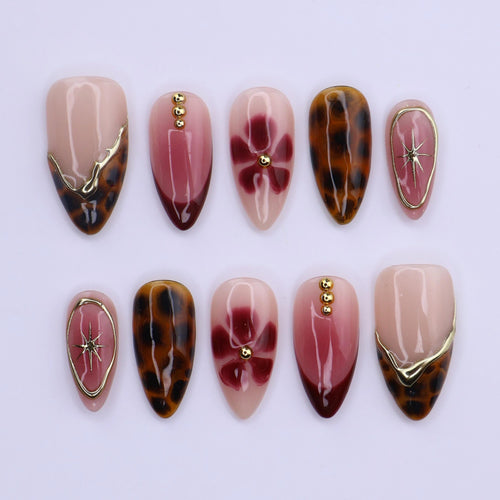 Burgundy Tortoiseshell Press On Nails with Floral Bloom & Gold Star | Medium Almond Fake Nails | Handmade Nails Art for Fall, Date Night