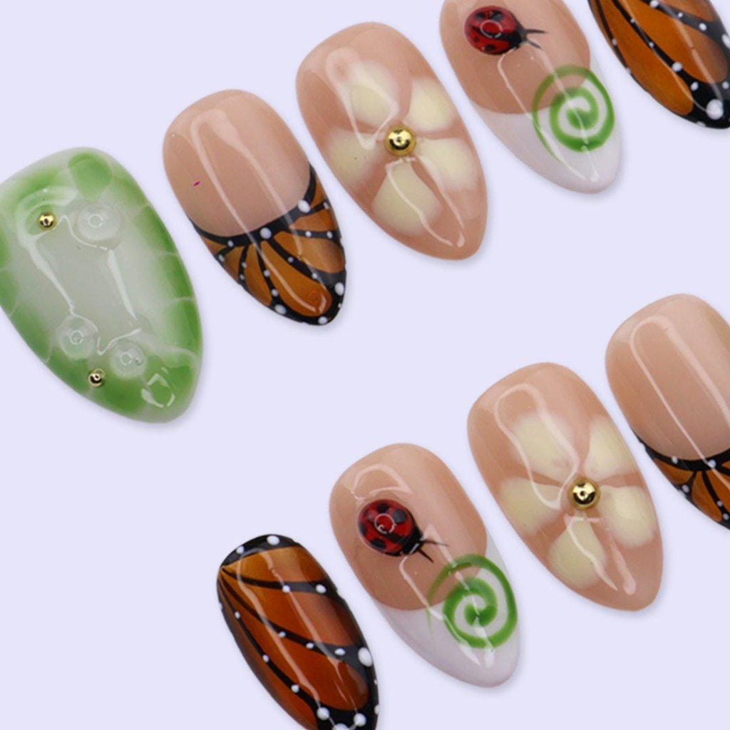 Spring Butterfly Press On Nails with Ladybug, Green Aura & Floral Art | Short Almond Fake Nails | Handmade Nails Art for Garden, Picnic