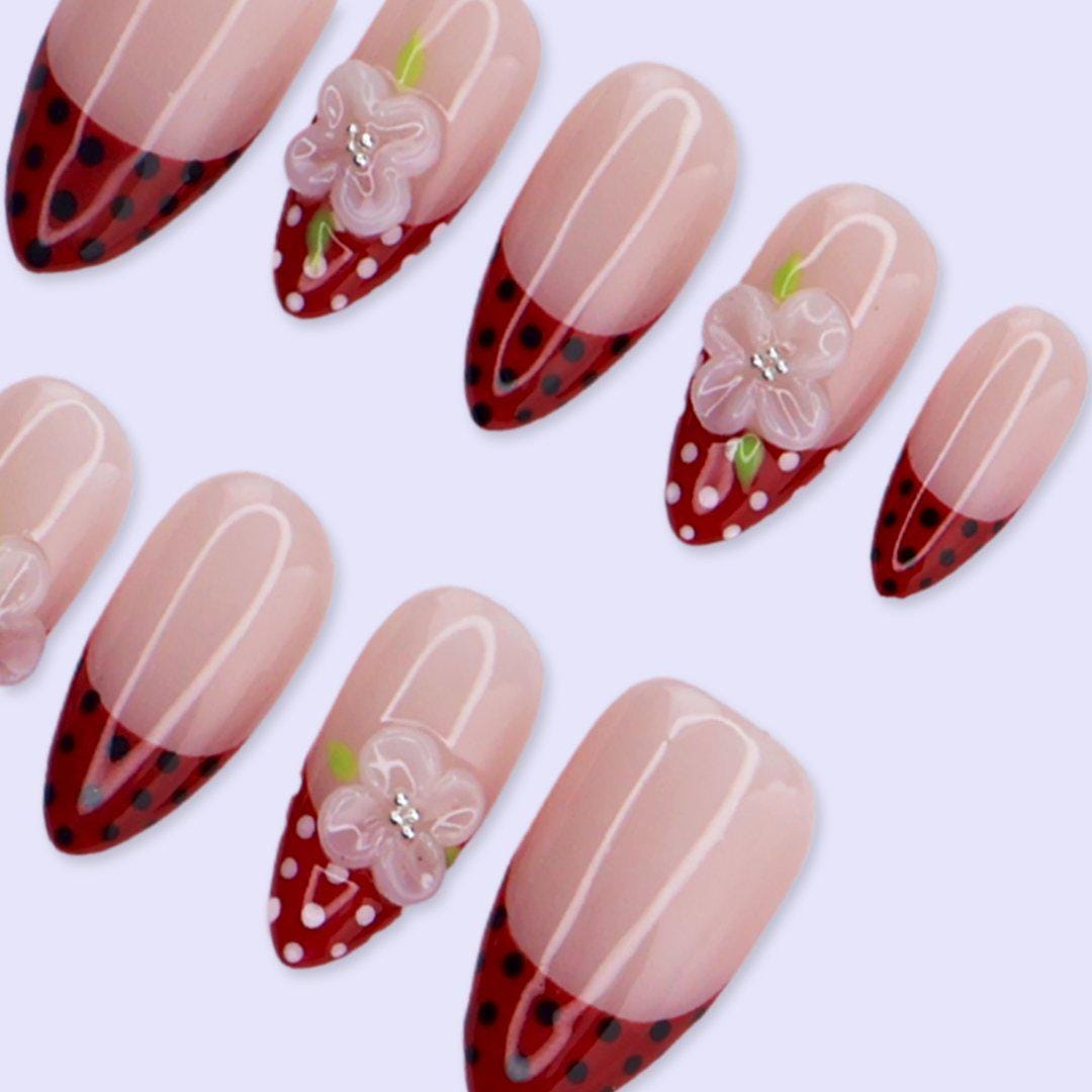 Spring Red Polka Dot French Press On Nails with 3D Flower | Medium Almond Handmade Fake Nails | Cute Retro Nail Art for Date Night, Vacation