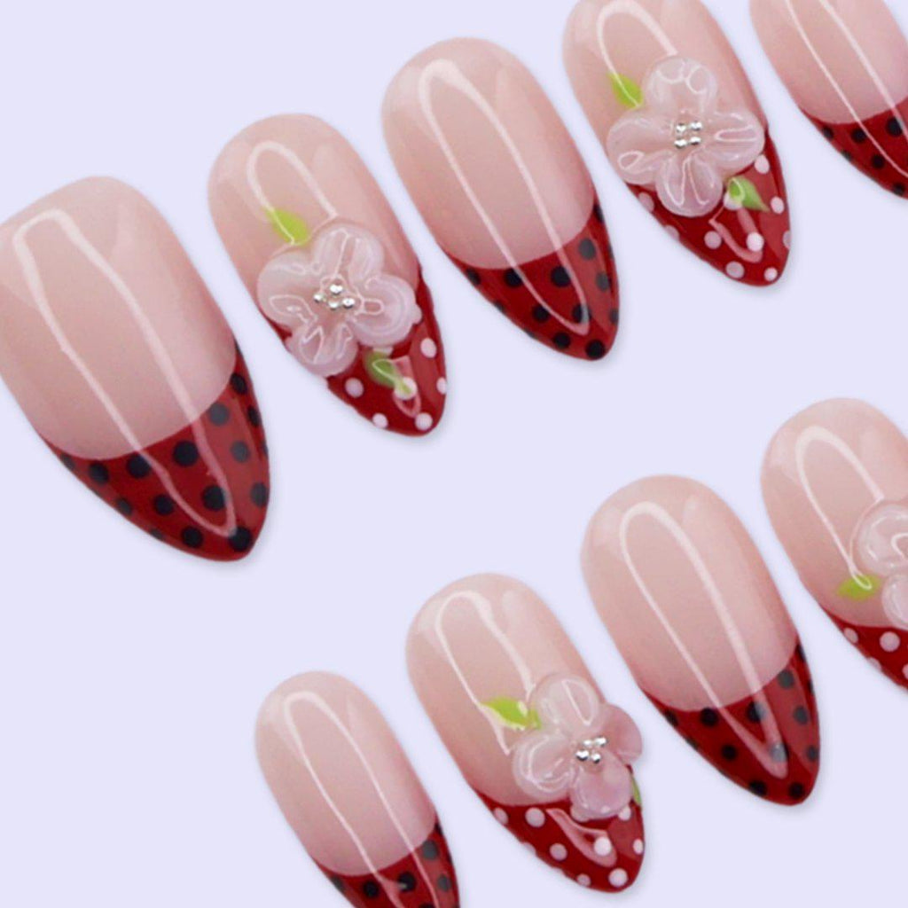 Spring Red Polka Dot French Press On Nails with 3D Flower | Medium Almond Handmade Fake Nails | Cute Retro Nail Art for Date Night, Vacation