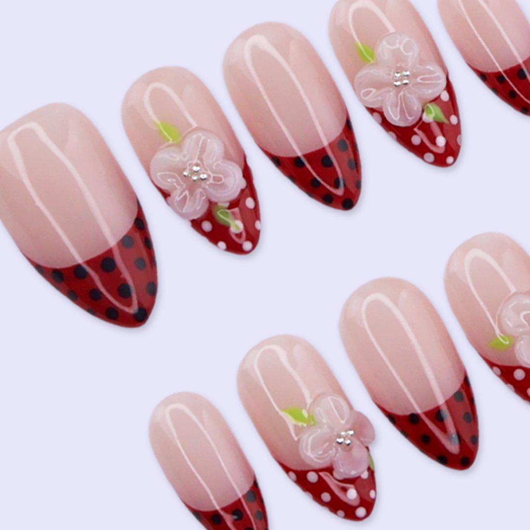 Spring Red Polka Dot French Press On Nails with 3D Flower | Medium Almond Handmade Fake Nails | Cute Retro Nail Art for Date Night, Vacation