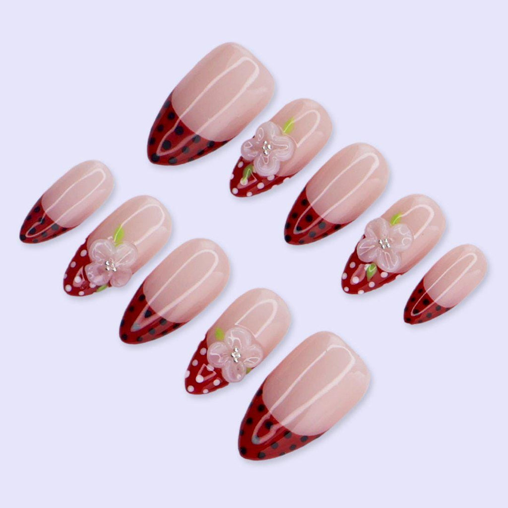 Spring Red Polka Dot French Press On Nails with 3D Flower | Medium Almond Handmade Fake Nails | Cute Retro Nail Art for Date Night, Vacation