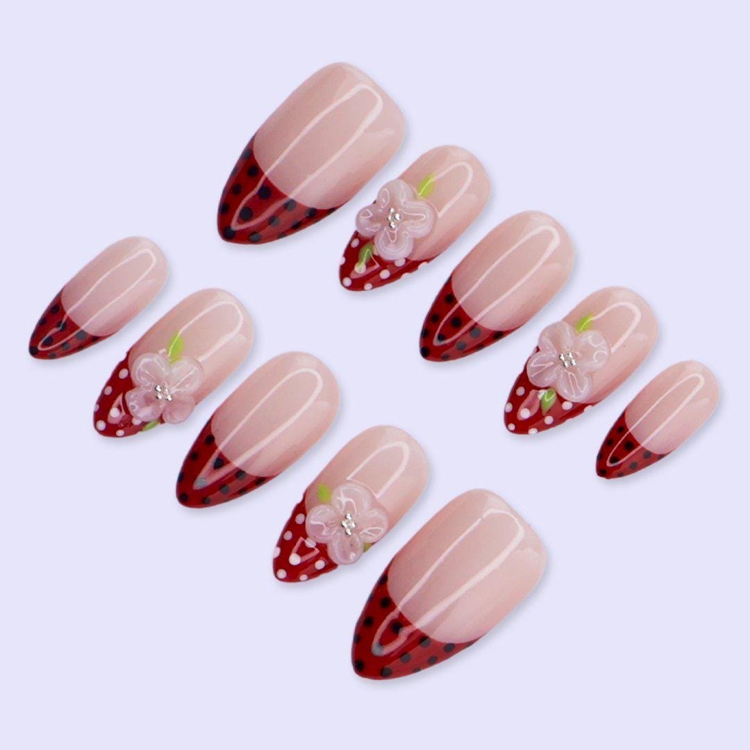 Spring Red Polka Dot French Press On Nails with 3D Flower | Medium Almond Handmade Fake Nails | Cute Retro Nail Art for Date Night, Vacation