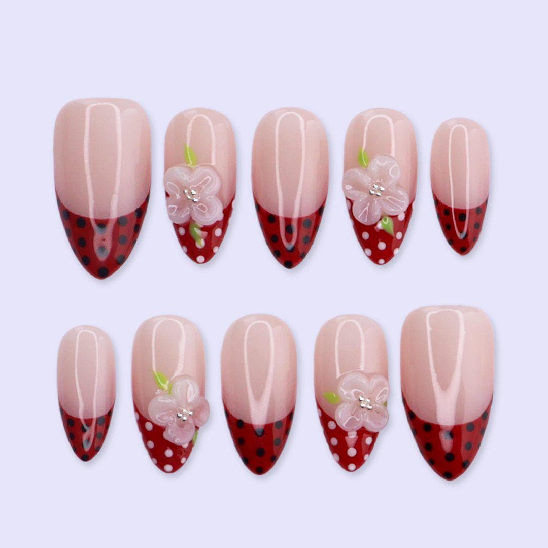 Spring Red Polka Dot French Press On Nails with 3D Flower | Medium Almond Handmade Fake Nails | Cute Retro Nail Art for Date Night, Vacation