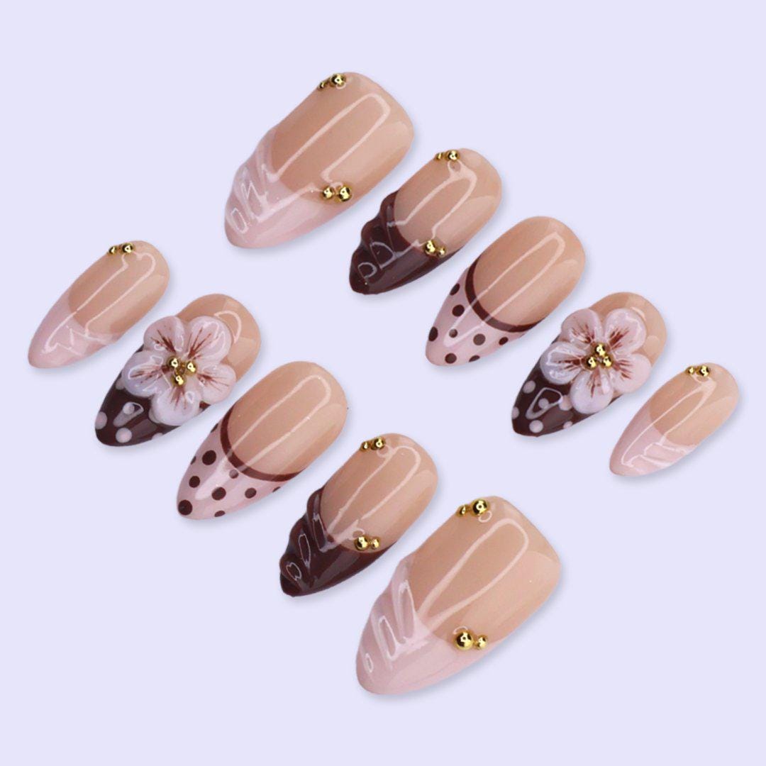 Chocolate Brown Press On Nails with 3D Flower & Polka Dot | Medium Almond Fake Nails | Handmade Nail Art for Date Night, Party