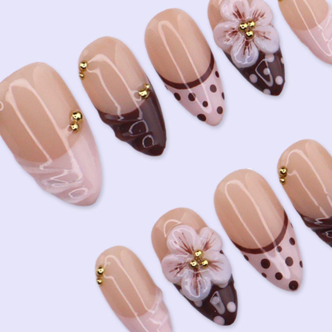 Chocolate Brown Press On Nails with 3D Flower & Polka Dot | Medium Almond Fake Nails | Handmade Nail Art for Date Night, Party