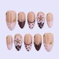 Chocolate Brown Press On Nails with 3D Flower & Polka Dot | Medium Almond Fake Nails | Handmade Nail Art for Date Night, Party