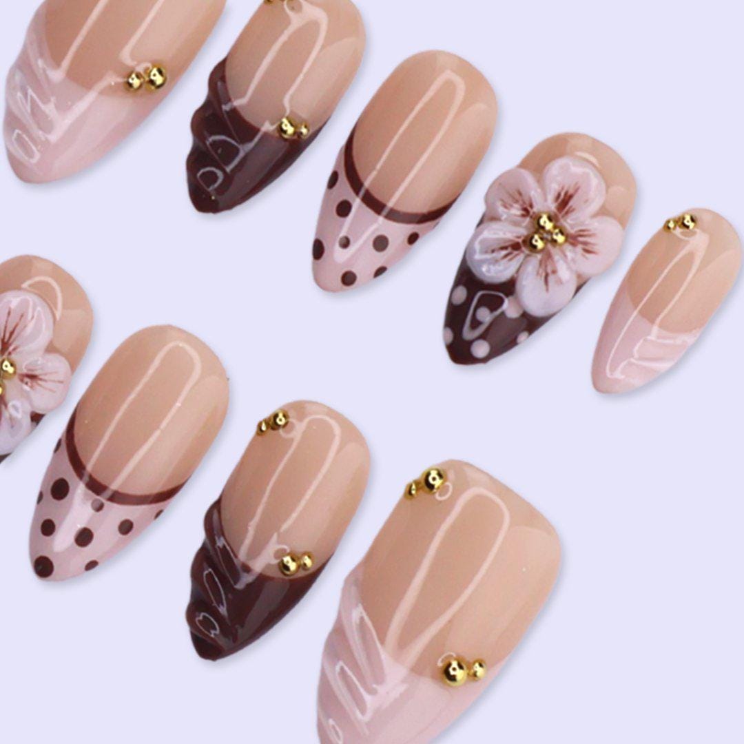 Chocolate Brown Press On Nails with 3D Flower & Polka Dot | Medium Almond Fake Nails | Handmade Nail Art for Date Night, Party