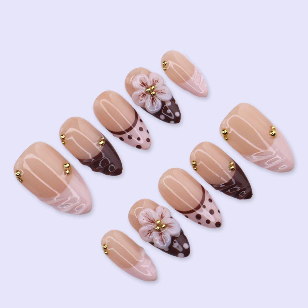 Chocolate Brown Press On Nails with 3D Flower & Polka Dot | Medium Almond Fake Nails | Handmade Nail Art for Date Night, Party
