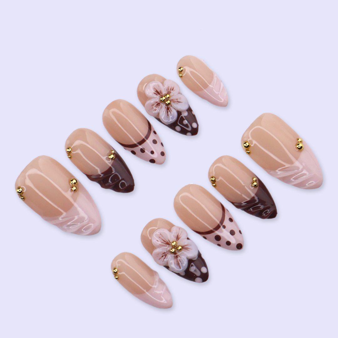 Chocolate Brown Press On Nails with 3D Flower & Polka Dot | Medium Almond Fake Nails | Handmade Nail Art for Date Night, Party