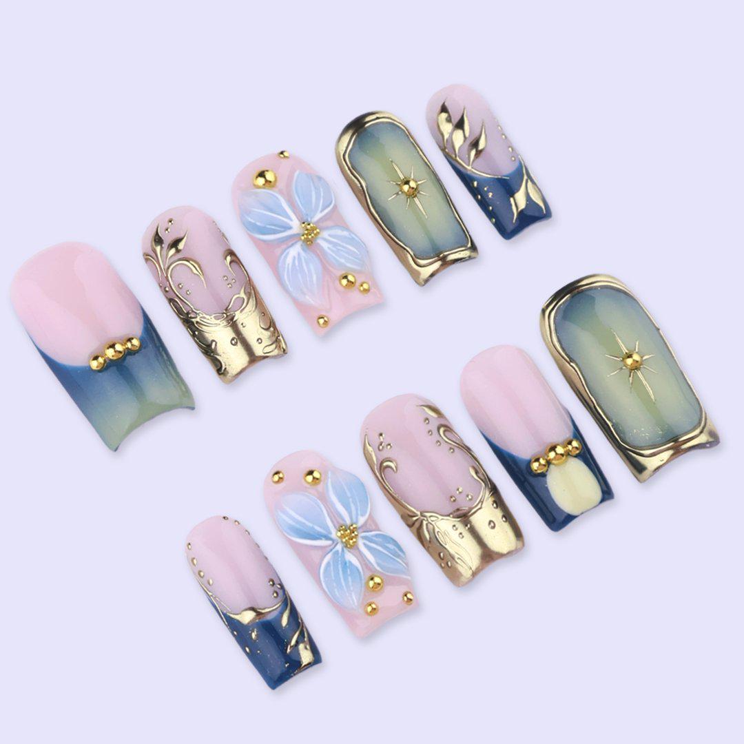 Blue Gold Press On Nails with 3D Flower & Star Frame | Medium Square Handmade Fake Nails | Luxury Celestial Nail Art for Party
