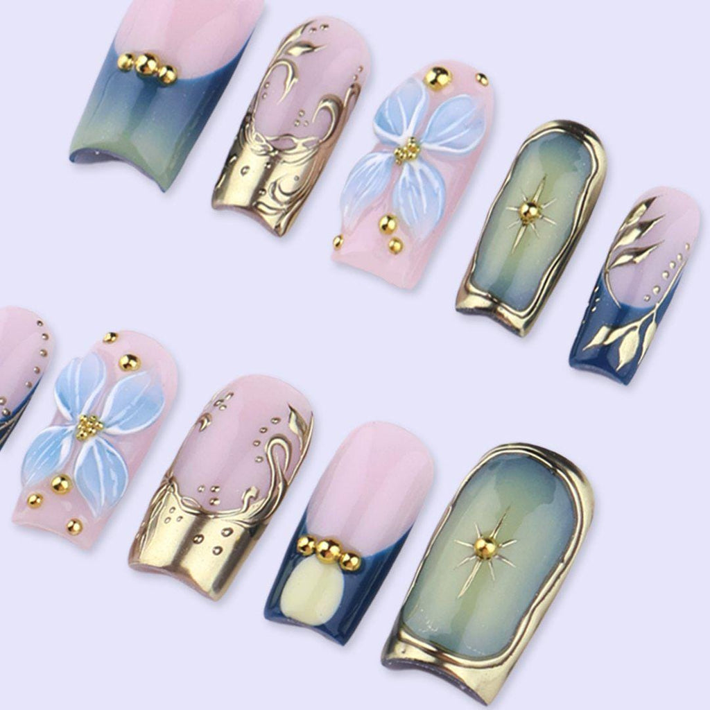 Blue Gold Press On Nails with 3D Flower & Star Frame | Medium Square Handmade Fake Nails | Luxury Celestial Nail Art for Party
