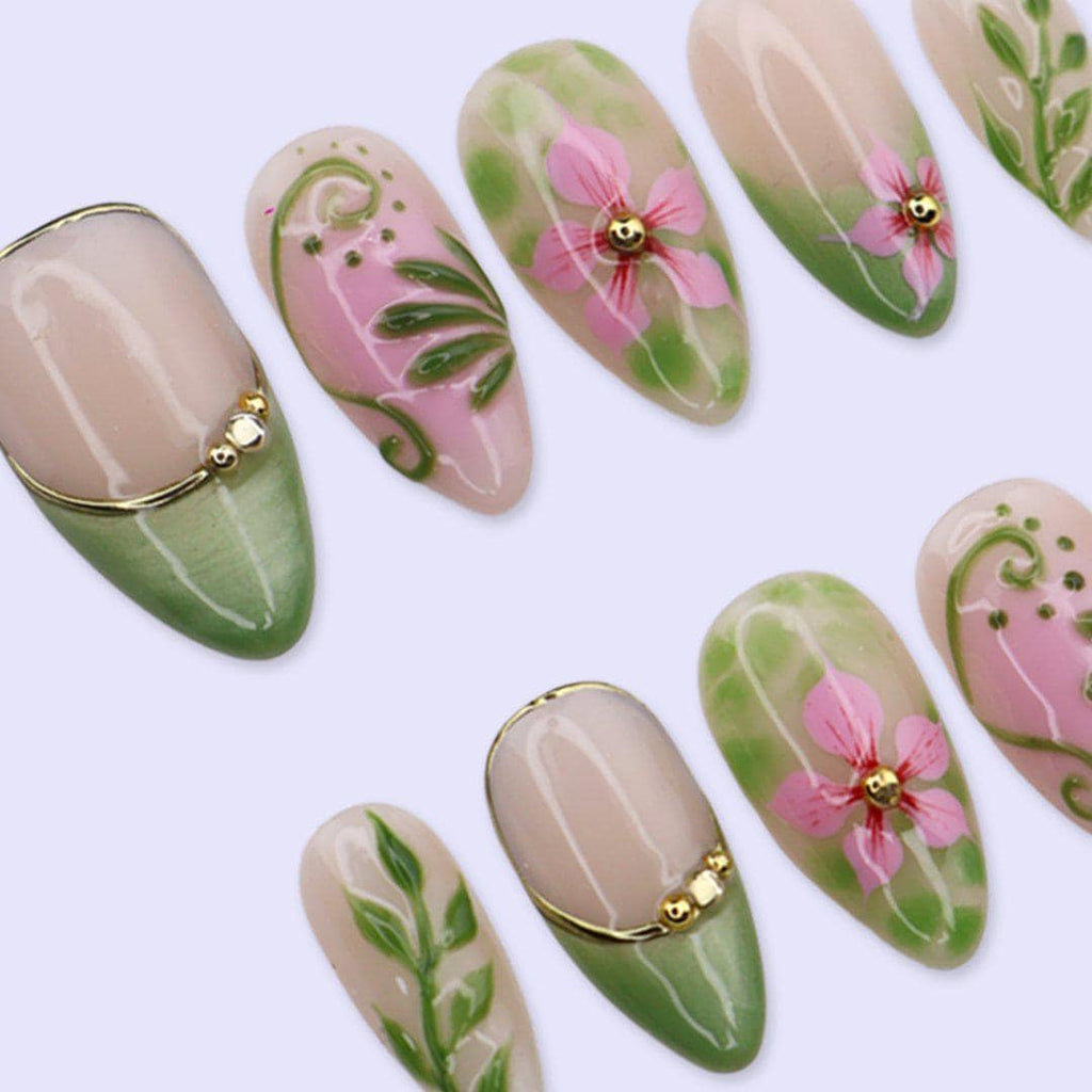 Spring Press On Nails with Sage Green French Tips & Pink Flower | Medium Almond Fake Nails | Handmade Nails Art for Picnic, Everyday