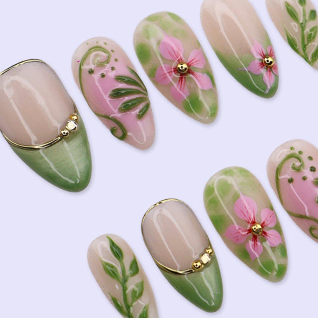 Spring Press On Nails with Sage Green French Tips & Pink Flower | Medium Almond Fake Nails | Handmade Nails Art for Picnic, Everyday