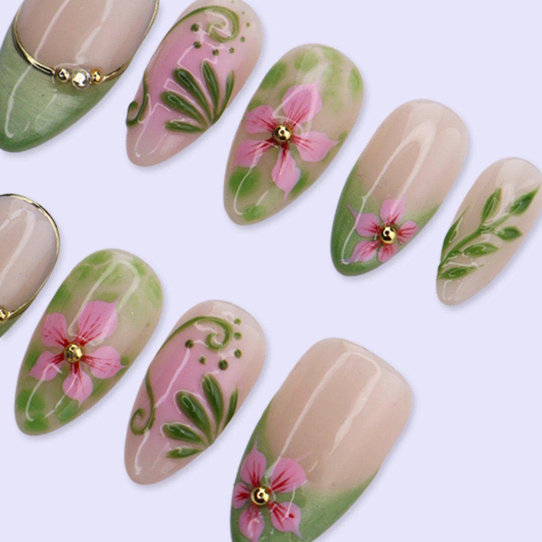 Spring Press On Nails with Sage Green French Tips & Pink Flower | Medium Almond Fake Nails | Handmade Nails Art for Picnic, Everyday