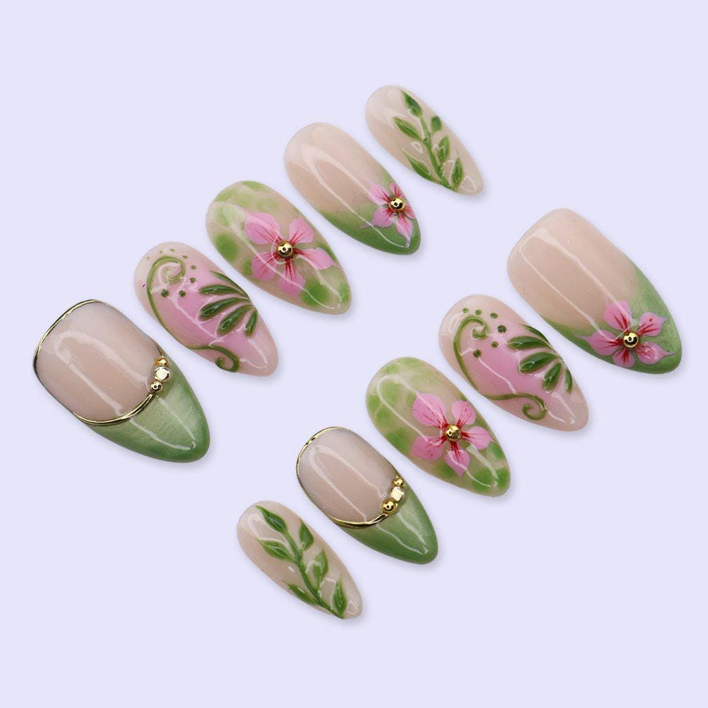 Spring Press On Nails with Sage Green French Tips & Pink Flower | Medium Almond Fake Nails | Handmade Nails Art for Picnic, Everyday