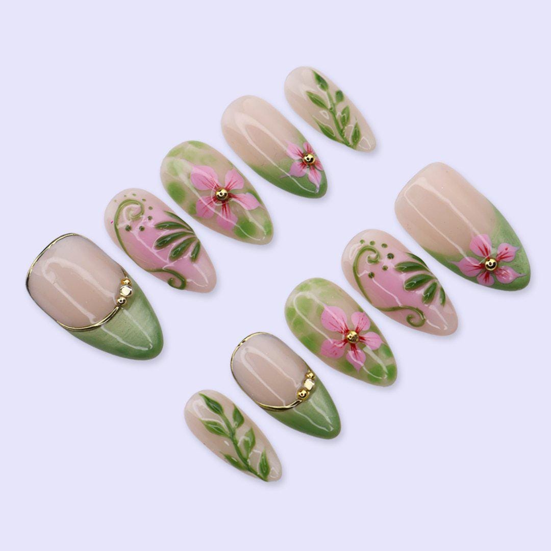 Spring Press On Nails with Sage Green French Tips & Pink Flower | Medium Almond Fake Nails | Handmade Nails Art for Picnic, Everyday