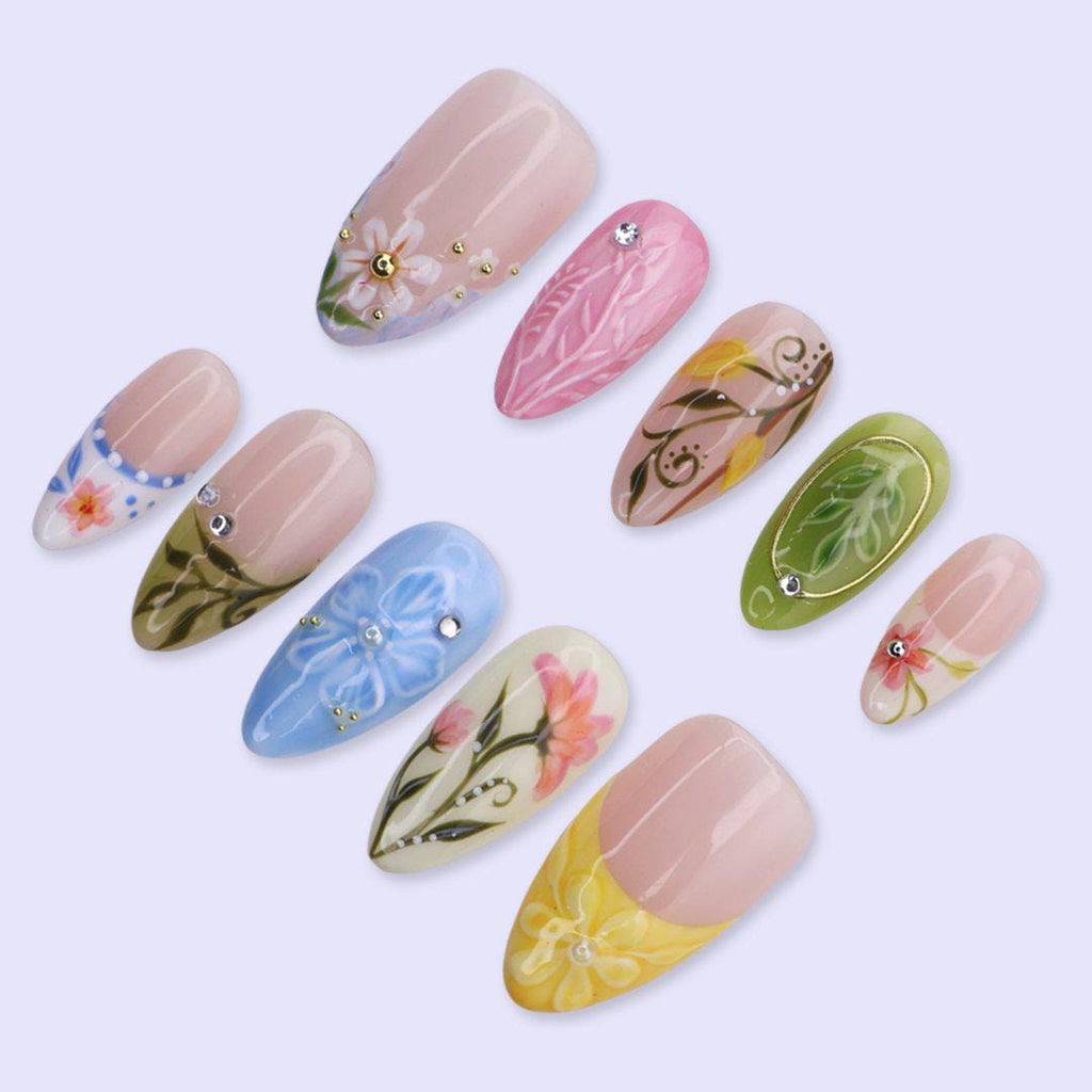 Colorful Floral Press On Nails with Leaf Art & French Tips | Medium Almond Fake Nails | Handmade Spring Nails for Picnic, Vacation, Everyday