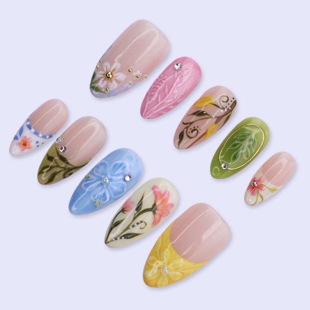 Colorful Floral Press On Nails with Leaf Art & French Tips | Medium Almond Fake Nails | Handmade Spring Nails for Picnic, Vacation, Everyday