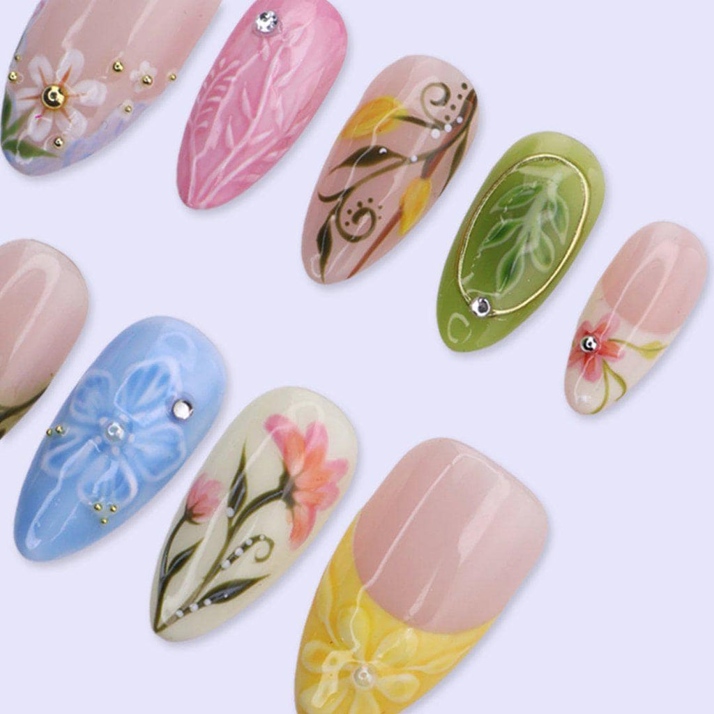 Colorful Floral Press On Nails with Leaf Art & French Tips | Medium Almond Fake Nails | Handmade Spring Nails for Picnic, Vacation, Everyday