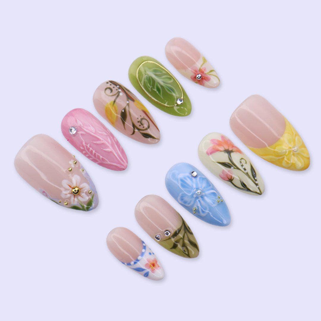 Colorful Floral Press On Nails with Leaf Art & French Tips | Medium Almond Fake Nails | Handmade Spring Nails for Picnic, Vacation, Everyday
