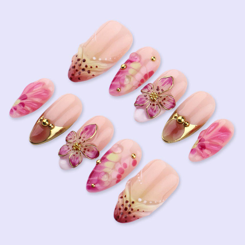 Pink Floral Press On Nails with 3D Flower & Gold Accent | Medium Almond Fake Nails | Handmade Elegant Nail Art for Spring, Wedding, Vacation