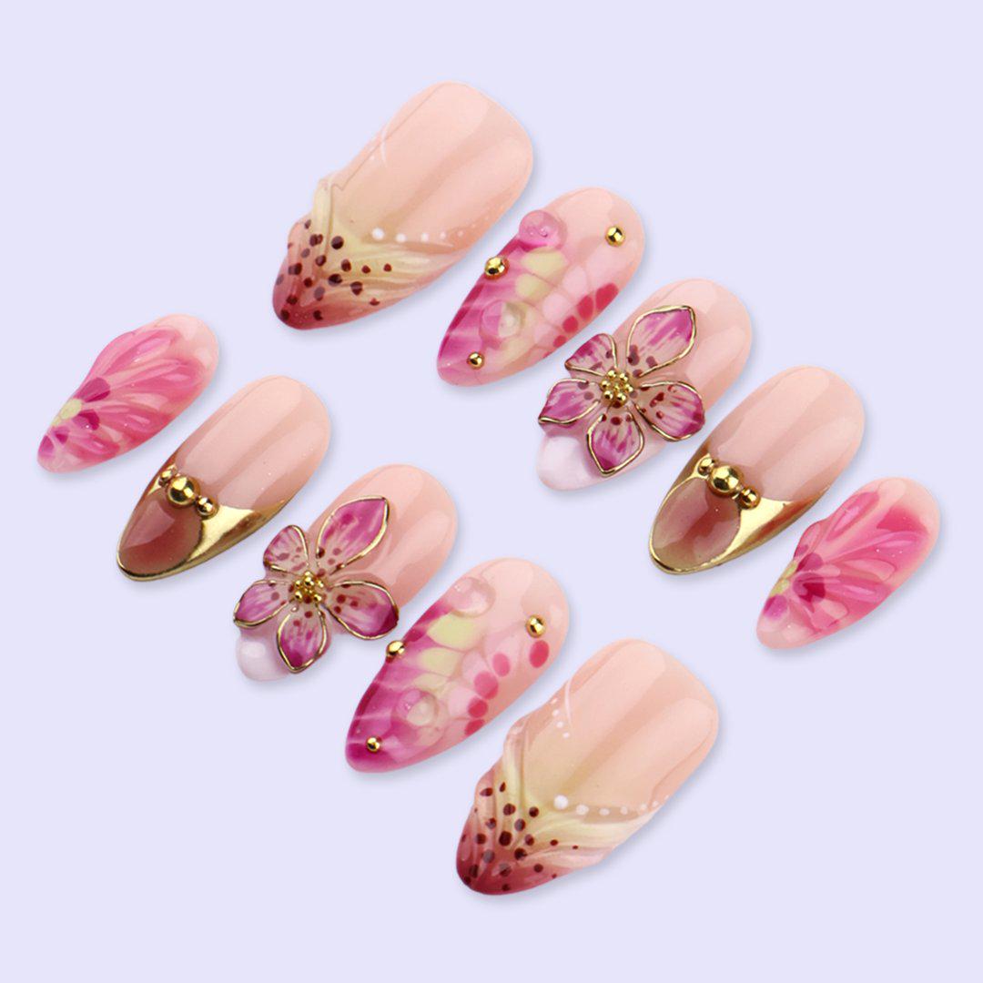 Pink Floral Press On Nails with 3D Flower & Gold Accent | Medium Almond Fake Nails | Handmade Elegant Nail Art for Spring, Wedding, Vacation