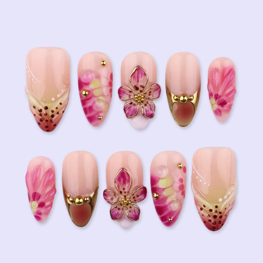 Pink Floral Press On Nails with 3D Flower & Gold Accent | Medium Almond Fake Nails | Handmade Elegant Nail Art for Spring, Wedding, Vacation