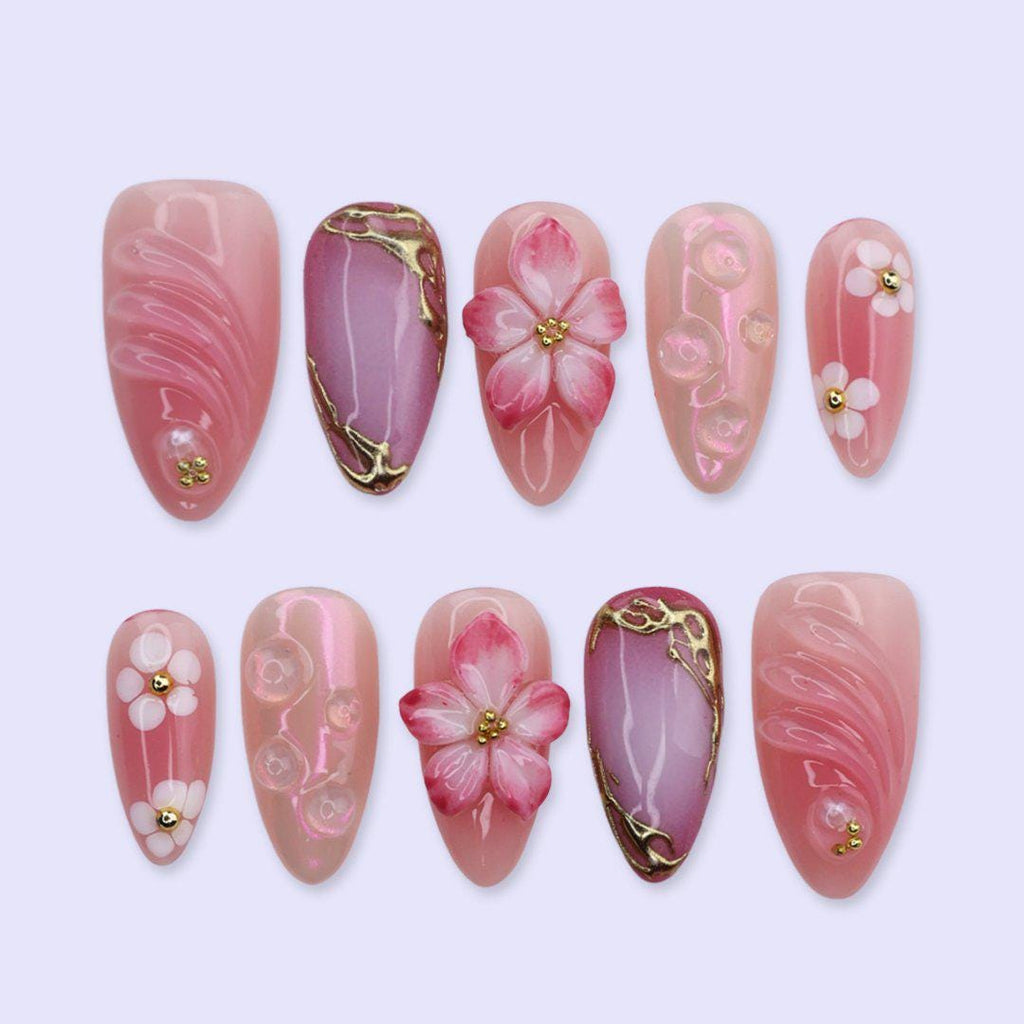 Pink Floral Press On Nails with Aura Chrome & Gold Frame | 3D Fake Nails in Medium Almond | Handmade Nails Artfor Birthday, Spring or Prom