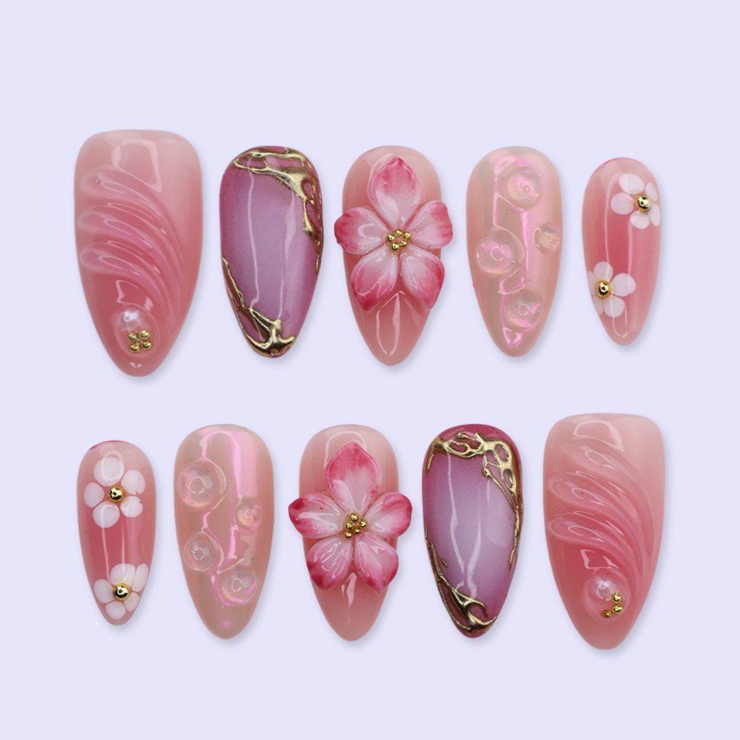 Pink Floral Press On Nails with Aura Chrome & Gold Frame | 3D Fake Nails in Medium Almond | Handmade Nails Artfor Birthday, Spring or Prom