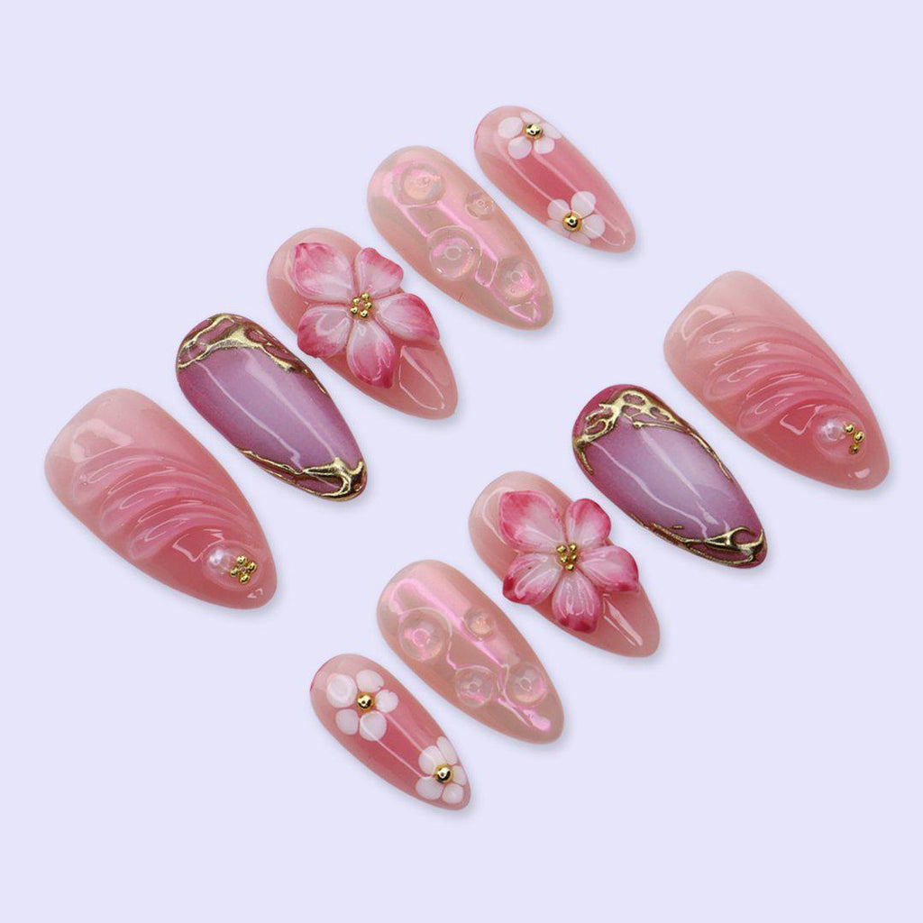 Pink Floral Press On Nails with Aura Chrome & Gold Frame | 3D Fake Nails in Medium Almond | Handmade Nails Artfor Birthday, Spring or Prom