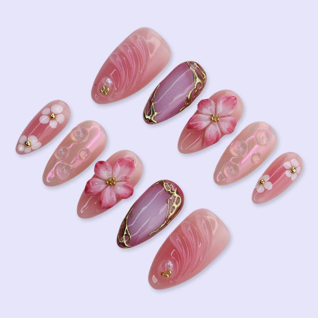 Pink Floral Press On Nails with Aura Chrome & Gold Frame | 3D Fake Nails in Medium Almond | Handmade Nails Artfor Birthday, Spring or Prom